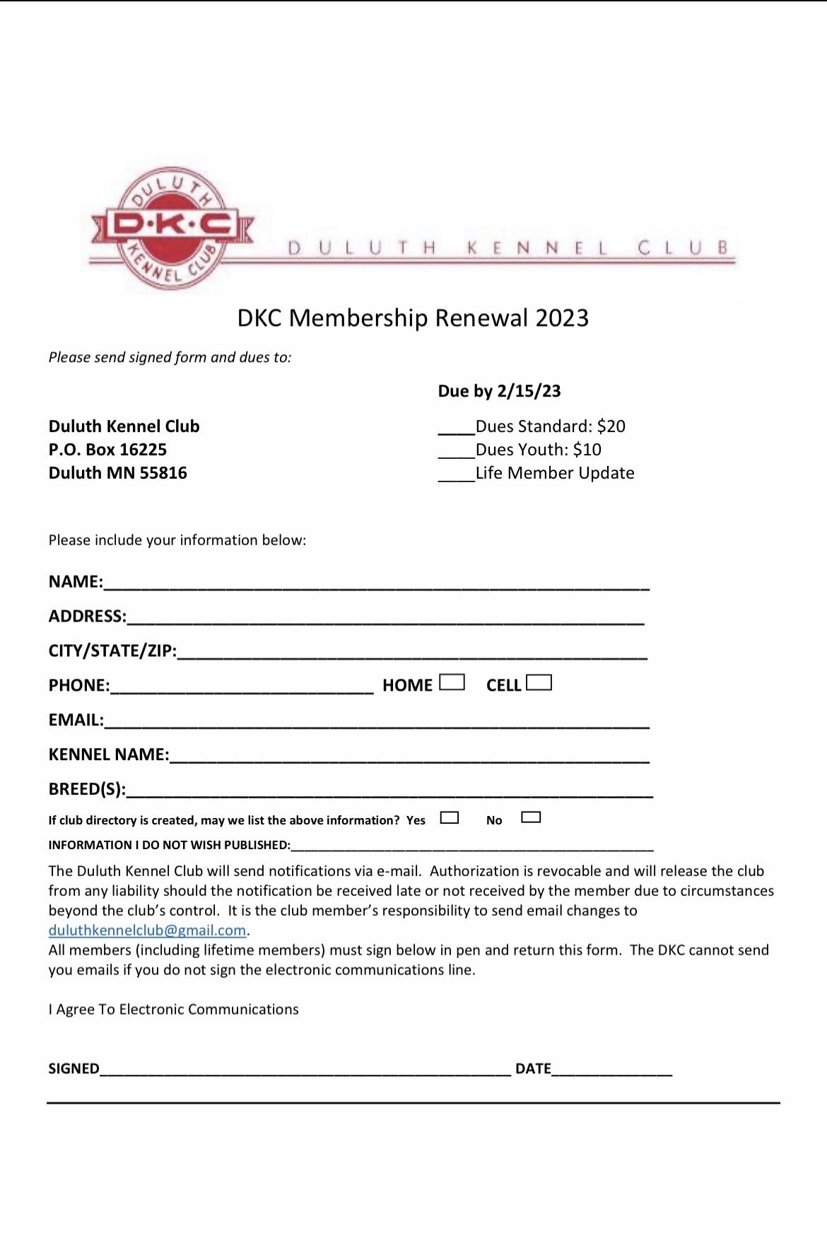 MEMBERSHIP FORMS Duluth Kennel Club